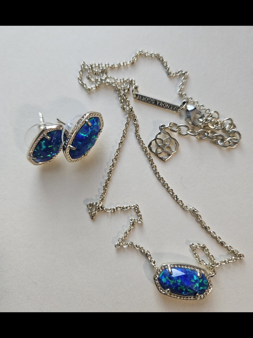 Blue Opal Oval Pendant Necklace and Stud Earrings Set - Gold